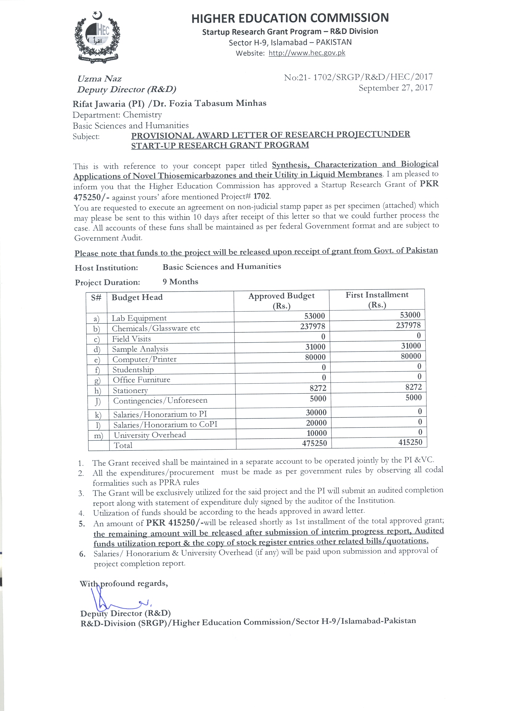 Dr Javeria & Dr Fozia get 4.5 million for Research Project from HEC